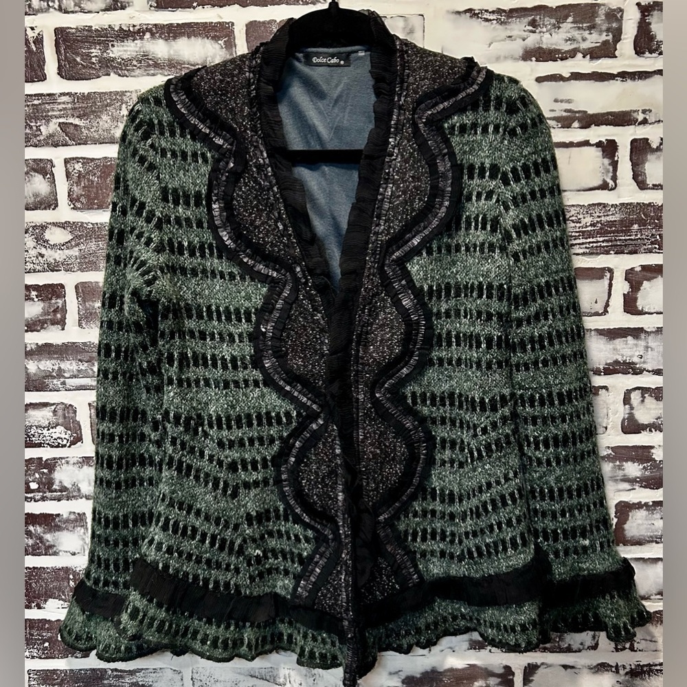 Dolce Cabo Green Black Textured Ruffled Quiet Luxury Boho Cardigan Sweater Sz M